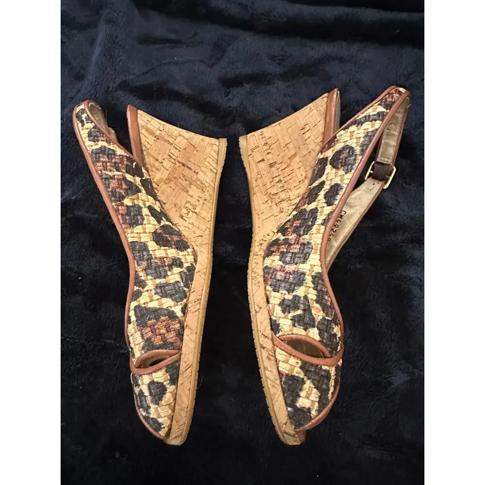 STUART WEITZMAN LEOPARD ANIMAL PRINT RAFFIA WEDGE SANDALS ESPADRILLES